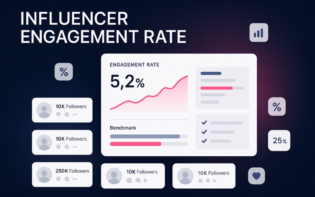 ClickAnalytic influencer engagement rate dashboard showing engagement KPI cards, benchmark bars by creator tier, and verification flow.