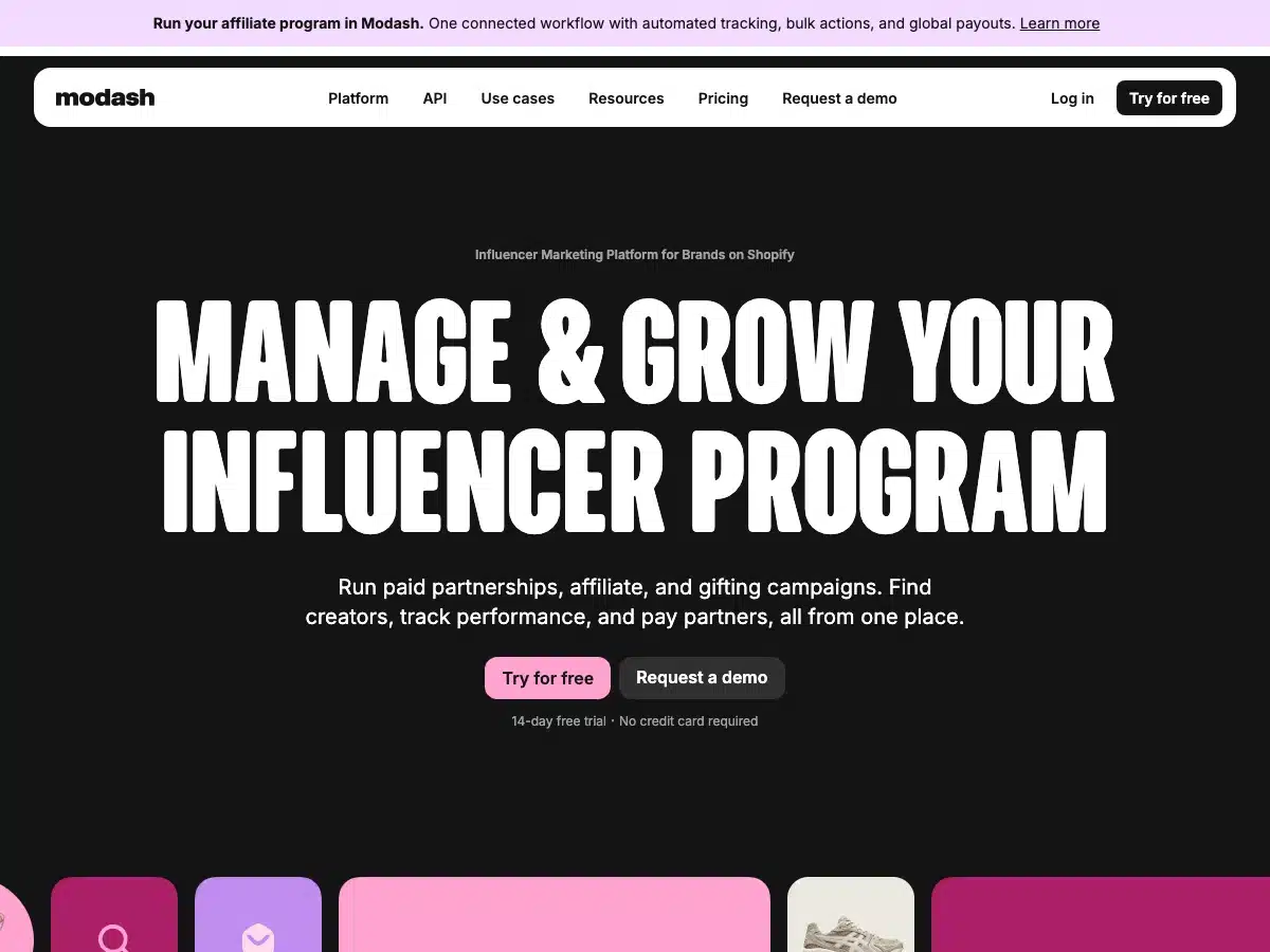 8 Best Grin Alternatives In 2026 2 Página principal de Modash con mensaje de la plataforma de marketing de influencers, navegación superior y botones principales de llamada a la acción.